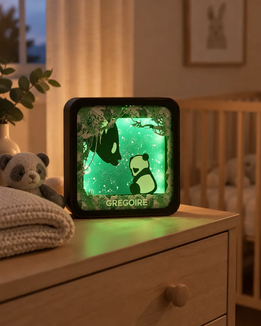 Veilleuse panda personnalisée avec un prénom dans une chambre de bébé