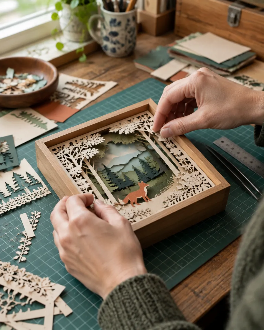 Assemblage des couches de papier découpé dans le boîtier en bois